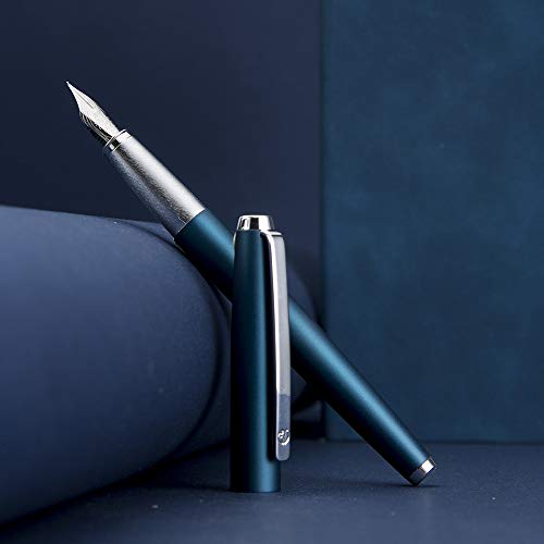 HongDian 525 Dark Blue Fountain Pen, Extra Fine Nib Classic Pen Includes Metal Pen Case and Refillable Converter