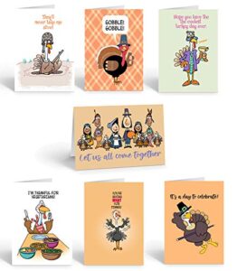 stonehouse collection thanksgiving cards (funny assortment) - set of 14 boxed cards & white envelopes, 4.5x6.25 folded greeting card w/ 7 unique designs, funny thanksgiving cards for family & friends