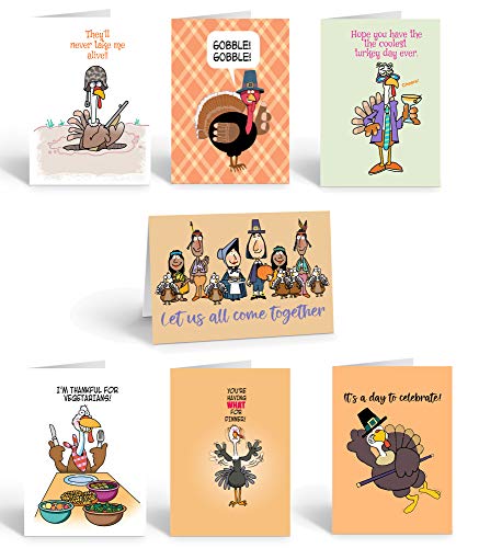 Stonehouse Collection Thanksgiving Cards (Funny Assortment) - Set of 14 Boxed Cards & White Envelopes, 4.5x6.25 Folded Greeting Card w/ 7 Unique Designs, Funny Thanksgiving Cards for Family & Friends