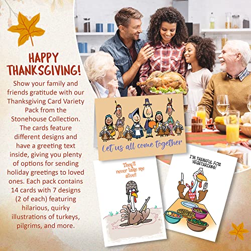 Stonehouse Collection Thanksgiving Cards (Funny Assortment) - Set of 14 Boxed Cards & White Envelopes, 4.5x6.25 Folded Greeting Card w/ 7 Unique Designs, Funny Thanksgiving Cards for Family & Friends