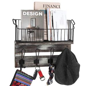 j jackcube design wall mount rustic wood entryway storage shelf with 4 hooks, coat rack and black metal wire basket, hanging organizer for mail and key - mk522a