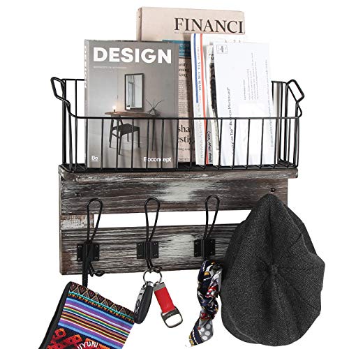 J JACKCUBE DESIGN Wall Mount Rustic Wood Entryway Storage Shelf with 4 Hooks, Coat Rack and Black Metal Wire Basket, Hanging Organizer for Mail and Key - MK522A