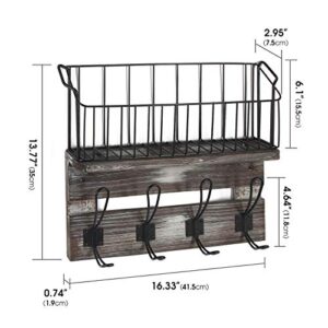 J JACKCUBE DESIGN Wall Mount Rustic Wood Entryway Storage Shelf with 4 Hooks, Coat Rack and Black Metal Wire Basket, Hanging Organizer for Mail and Key - MK522A