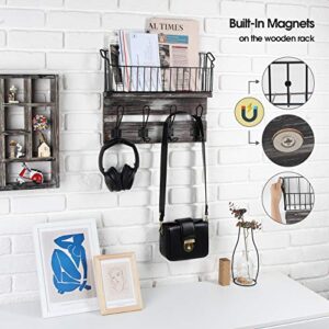 J JACKCUBE DESIGN Wall Mount Rustic Wood Entryway Storage Shelf with 4 Hooks, Coat Rack and Black Metal Wire Basket, Hanging Organizer for Mail and Key - MK522A