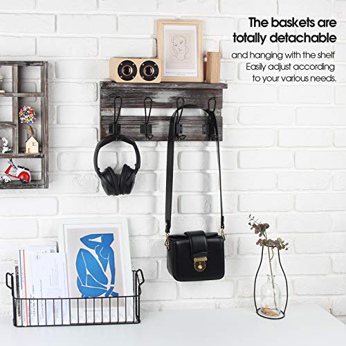 J JACKCUBE DESIGN Wall Mount Rustic Wood Entryway Storage Shelf with 4 Hooks, Coat Rack and Black Metal Wire Basket, Hanging Organizer for Mail and Key - MK522A