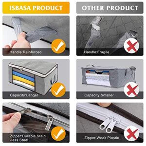 Isbasa 8 Pack Clothes Storage Foldable Clothes Storage Bags Clothing Organizer with Clear Window Sturdy Zipper and Reinforced Handle for Blankets, Clothes, Bedding, Grey, 36L