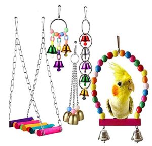 5 pieces birds toys, cages decorative accessories, hanging hammock bell swing chewing toys for parrots, small parakeet, parakeet, conure, cockatiel, love birds, mynah