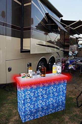 (USA Company) Patented Folding Portable Party Bar w/Multi-Color LED Lights, Black & Hawaiian Bar Skirts, and Storage Shelf