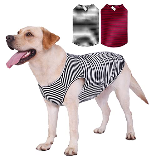 Dog Shirts Cotton Striped T-Shirts, Breathable Basic Vest for Puppy and Cat, Super Soft Stretchable Doggy Tee Tank Top Sleeveless, Fashion & Cute Color for Boys and Girls (L, Black+Red)