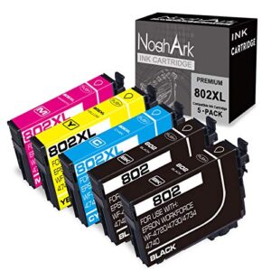 NoahArk 5 Packs 802XL Remanufactured Ink Cartridge Replacement for Epson 802 802XL T802 T802XL Workforce Pro WF-4720 WF-4730 WF-4740 WF-4734 EC-4020 EC-4030 EC-4040 (Black Cyan Magenta Yellow, 5-Pack)