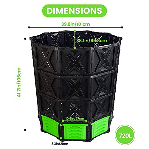 SQUEEZE master XXL Large Compost Bin Outdoor- 720L /190 Gallon-Easy Assembly-No Screws-BPA Free-Sturdy& Durable-Green Door