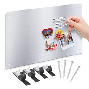 stainless steel metal magnet board - 17.5 x 11.5 flat silver magnetic board for magnets and bulletin board - includes dual lock tape
