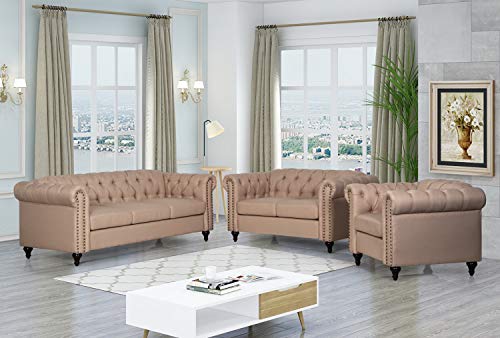 Kingway 3pcs Living Room Fabric Couch Sofas, 5 SEAT, Beige