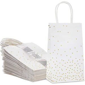 25 pack small white gift bags with handles and gold foil polka dots (9 x 5 x 3 in)