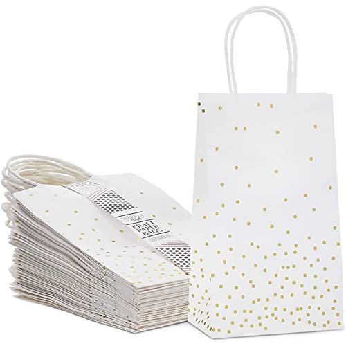 25 Pack Small White Gift Bags with Handles and Gold Foil Polka Dots (9 x 5 x 3 In)