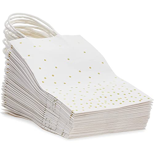 25 Pack Small White Gift Bags with Handles and Gold Foil Polka Dots (9 x 5 x 3 In)