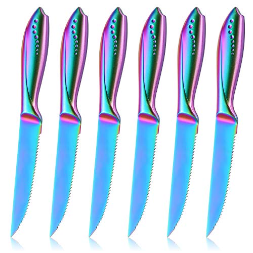 WELLSTAR Rainbow Serrated Steak Knife Set of 6, Razor Sharp German Steel Blade 4.75 inch and Comfortable Stainless Steel Hollow Handle with Titanium Coated Dinner Table Knives Set for Home Restaurant