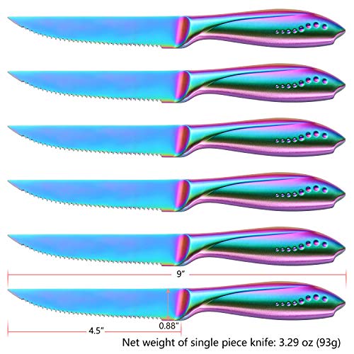 WELLSTAR Rainbow Serrated Steak Knife Set of 6, Razor Sharp German Steel Blade 4.75 inch and Comfortable Stainless Steel Hollow Handle with Titanium Coated Dinner Table Knives Set for Home Restaurant