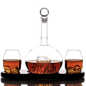 whiskey decanter set with 2 glasses and wooden base - unusual mountain whiskey decanter sets for men and women - liquor decanter set for wine, liquor, scotch, vodka, bourbon - whiskey gifts for men