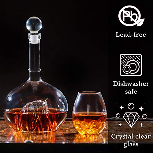 Whiskey Decanter Set with 2 Glasses and Wooden Base - Unusual Mountain Whiskey Decanter Sets for Men and Women - Liquor Decanter Set for Wine, Liquor, Scotch, Vodka, Bourbon - Whiskey Gifts for Men