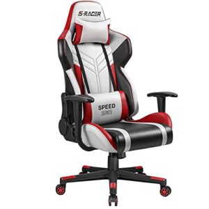 homall gaming chair racing style high-back pu leather office chair computer desk chair executive and ergonomic swivel chair with headrest and lumbar support (white/red)