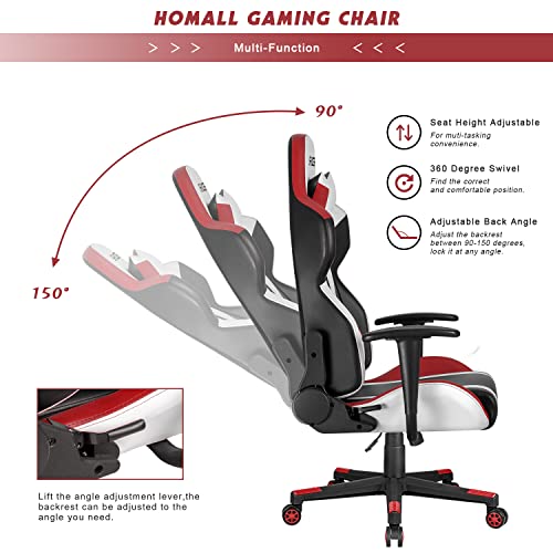 Homall Gaming Chair Racing Style High-Back PU Leather Office Chair Computer Desk Chair Executive and Ergonomic Swivel Chair with Headrest and Lumbar Support (White/Red)