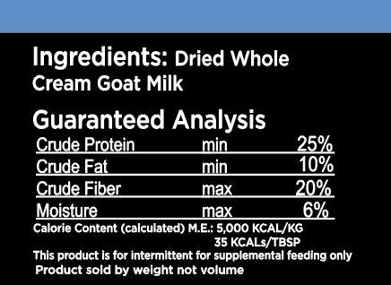 Nature's Diet Pet Dried Whole Cream Goat Milk for use as High Protein, Hypoallergenic Digestion, Nutrition and Anti-inflammatory Powdered Instant Meal Topper (16 oz = 53 Cups or 159 Servings)