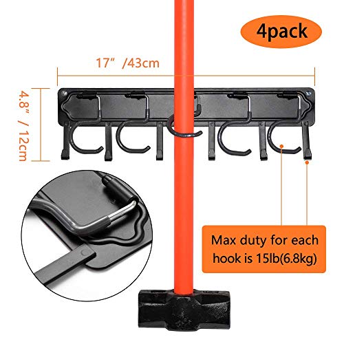 YueTong 68" All Metal Garden Tool Organizer,Adjustable Garage Wall Organizers and Storage,Heavy Duty Wall Mount Holder with Hooks for Broom,Rake,Mop,Shovel(4 Pack)