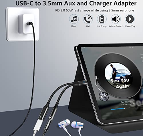 Samsung Galaxy S23 Headphone Adapter, 2 in 1 USB C to 3.5mm Audio Jack Hi-Res DAC and 60W Fast Charging Dongle Compatible with Pixel 7/7Pro/6/6Pro/5, Samsung Galaxy S23Ultra/S22+/S21FE/S20FE/S21/A53