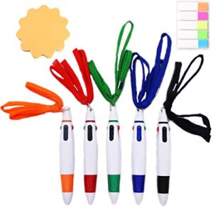 aekan multicolor retractable shuttle pens 0.7mm 4 color ink(black, blue, red, green) in one ballpoint pens with lanyard on top for scribble activity, party (5 pcs lanyard shuttle pens)