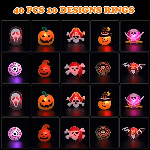 Twister.CK 54 PCS Halloween Party Favors for Kids, 40 Pack LED Light Up Rings, 8 Pack LED Light Up Necklaces, 6 Pack Halloween Temporary Tattoo Glowing Stickers, Glow in the Dark Party Supplies Halloween LED Light Up Toys Non Candy Halloween Treats Goodie