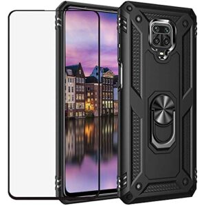 yahan for xiaomi redmi note 9s/redmi note 9 pro case,360 degree rotating ring kickstand hybrid heavy duty dual layer shockproof defender hard back case with tempered glass screen protector,black