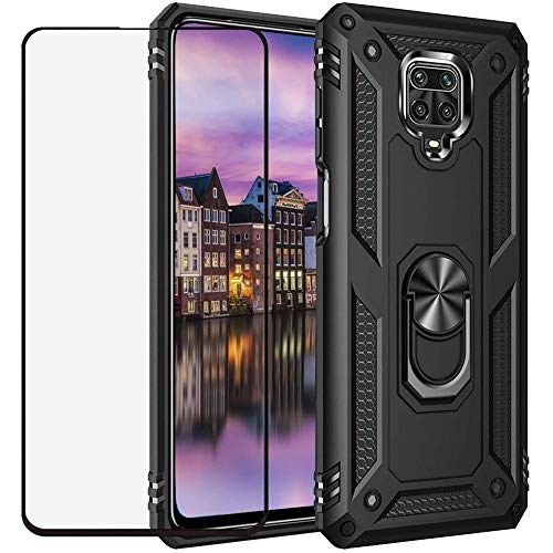 YaHan for Xiaomi Redmi Note 9S/Redmi Note 9 Pro Case,360 Degree Rotating Ring Kickstand Hybrid Heavy Duty Dual Layer Shockproof Defender Hard Back Case with Tempered Glass Screen Protector,Black