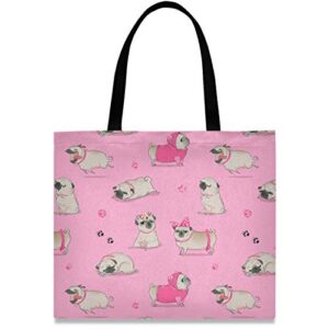visesunny women's extra large canvas tote shoulder bag cute cartoon pug top storage handle shopping bag casual reusable tote bag for beach,travel,groceries,books