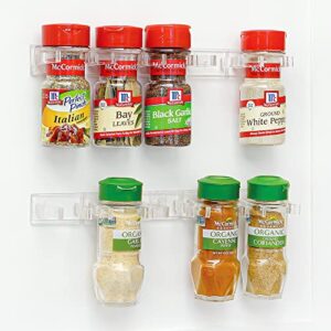 caxxa 20 clear adhesive spice gripper strip clips, spice rack dispenser, kitchen cabinet holder, 4 strips, holds 20 jars