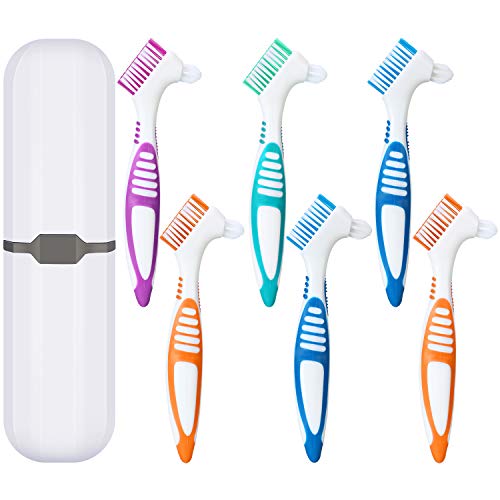 WILLBOND 6 Pieces Denture Brush Toothbrush Hard Denture Toothbrush Brush Cleaning Brush with White Carrying Case for False Teeth Cleaning (Green, Purple, Blue and Orange)