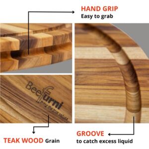 BEEFURNI Premium Round Wood Cutting Board with Juice Groove, Teak Wooden Cutting Boards for Kitchen, Small Chopping Board, Mothers Day Gifts for Mom, 1 Year Warranty (S, 15.8 x 15.8 x 1.25 inches)