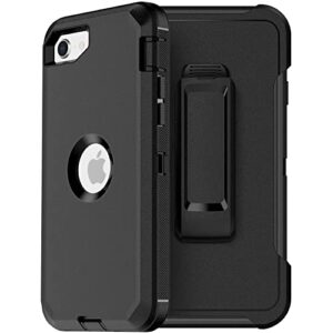 mxx iphone se 2022 / se 2020 heavy duty protective case with screen protector [3 layers] rugged rubber shockproof protection cover & rotating 360 degree belt clip for apple iphone se 2020 2022(black)