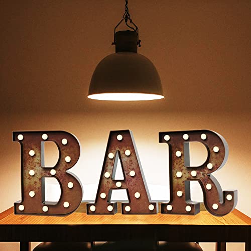 Light Up LED Vintage Bar Letters With Lights – Lighted Illuminated Industrial Marquee Bar Sign Lamp – Night Light for Bar, Pub, Bistro, Party, Wall Decor (Rust BAR)