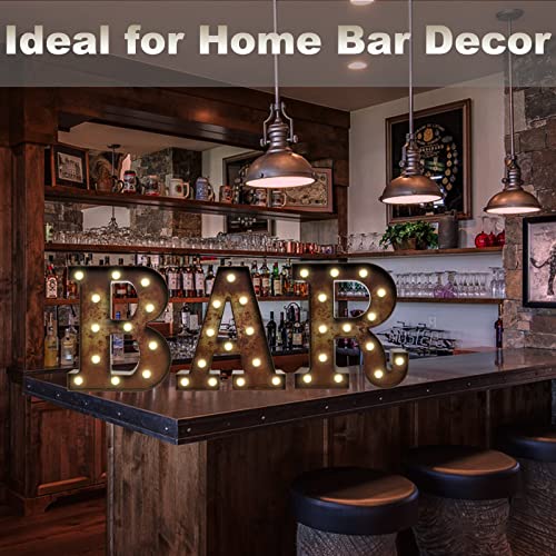 Light Up LED Vintage Bar Letters With Lights – Lighted Illuminated Industrial Marquee Bar Sign Lamp – Night Light for Bar, Pub, Bistro, Party, Wall Decor (Rust BAR)