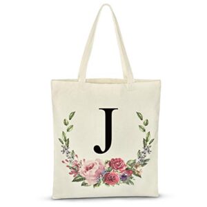 personalized floral initial tote bags for women canvas tote bags reusable grocery shopping bags for bridesmaids wedding bachelorette birthday party large book tote gift bags eco - friendly (letter j)