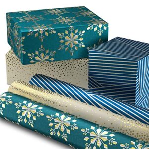 hallmark holographic holiday wrapping paper with cut lines on reverse (3 rolls: 80 sq. ft. ttl) winter glow: holographic snowflakes, navy blue, gold, hanukkah, christmas (0005jxw1060), tri-pack