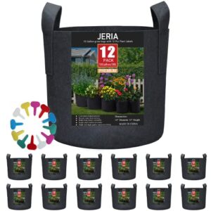 jeria 12-pack 10 gallon, vegetable/flower/plant grow bags, aeration fabric pots with handles (black), come with 12 pcs plant labels