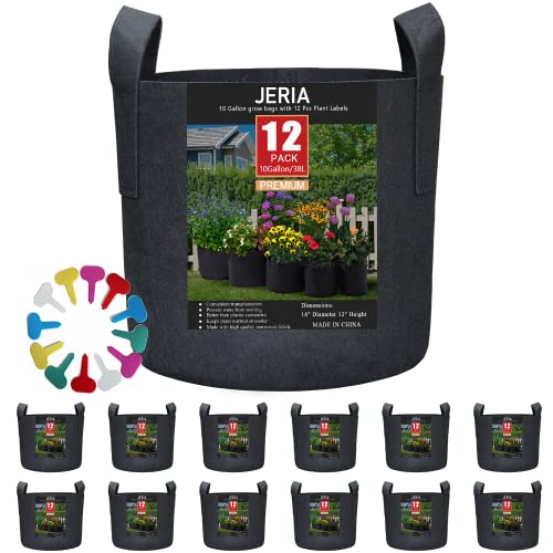 JERIA 12-Pack 10 Gallon, Vegetable/Flower/Plant Grow Bags, Aeration Fabric Pots with Handles (Black), Come with 12 Pcs Plant Labels