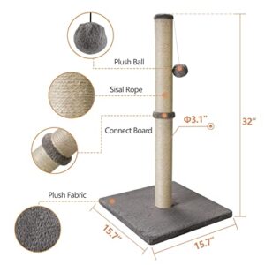 Qucey 32 Inches Cat Scratching Post, Cat Scratch Post Claw Scratcher with Sisal Rope, Scratching Post for Indoor Cats with Hanging Ball