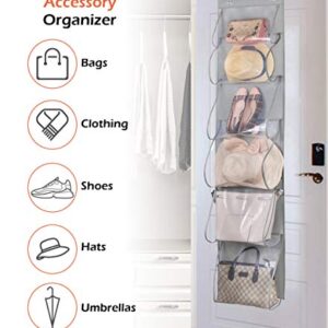 KIMBORA Handbag Organizer Storage Purse Bag Hanger with 6 Easy Access Deep Pockets 2 Packs for Closet Wall, Gray