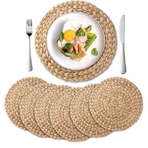 yangqihome 6 pack, round woven placemats, natural water hyacinth place mats, braided straw table mats for dining table (13.8 inch)