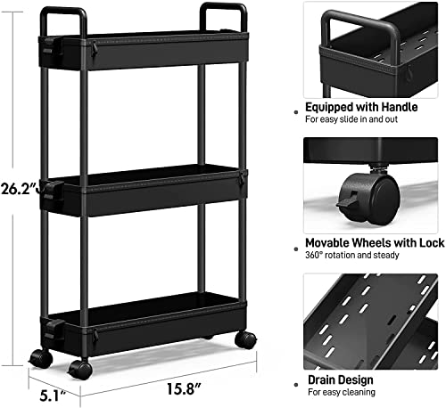 SOLEJAZZ Slim Storage Cart, 3 Tier Bathroom Cart Organizer Mobile Shelving Unit Rolling Utility Cart, Slide Out Organizer for Kitchen, Bathroom, Laundry, Narrow Places, Black