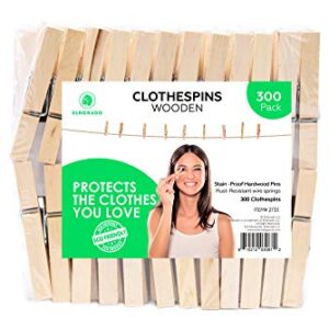 Eldorado Clothespins - 300 PCS. Standard Natural Wooden, Stain Proof, 3 inch, for Multipurpose Everyday Laundry, Clothes, Towels, Craft, Photos, Pictures, Decor, Baby Shower, Art Wall (300)