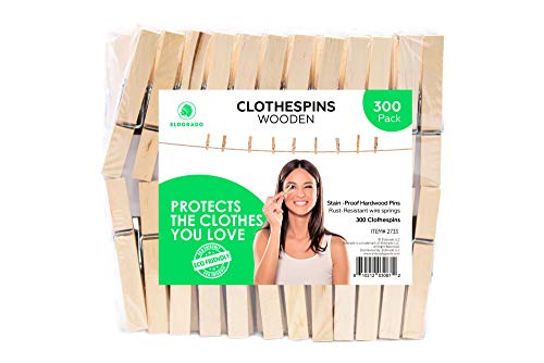 Eldorado Clothespins - 300 PCS. Standard Natural Wooden, Stain Proof, 3 inch, for Multipurpose Everyday Laundry, Clothes, Towels, Craft, Photos, Pictures, Decor, Baby Shower, Art Wall (300)